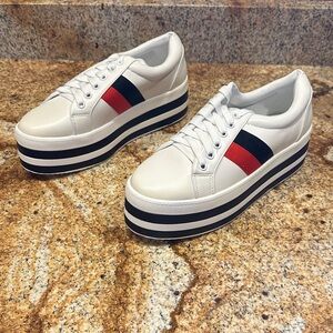 Women's White Platform Sneakers with Red and Black Accents